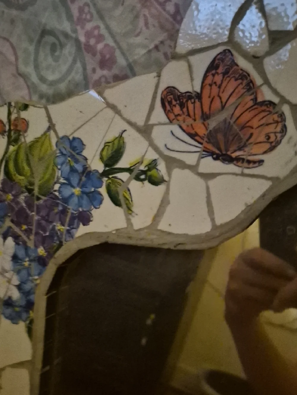 Handmade Mosaic Floral Mirror with Blue Hydrangeas and Butterflies
